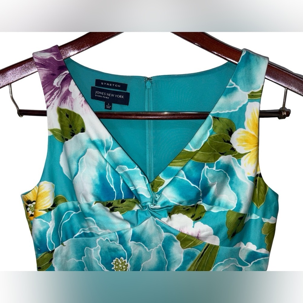Jones New York Floral Sheath Dress Size 4 Turquoise Tropical Print Sleeveless - Picture 3 of 7